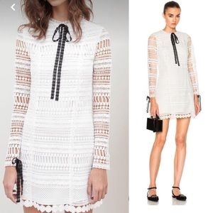 Alexis lace white mini dress with black bow detail S